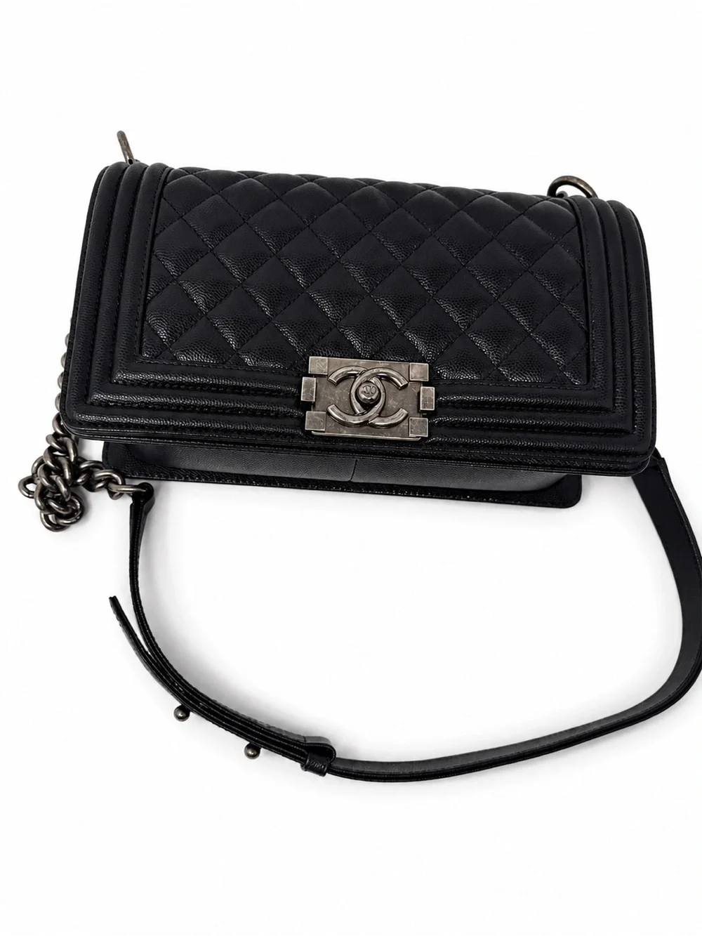 CHANEL Black Quilted Boy Bag with Silver Hardware